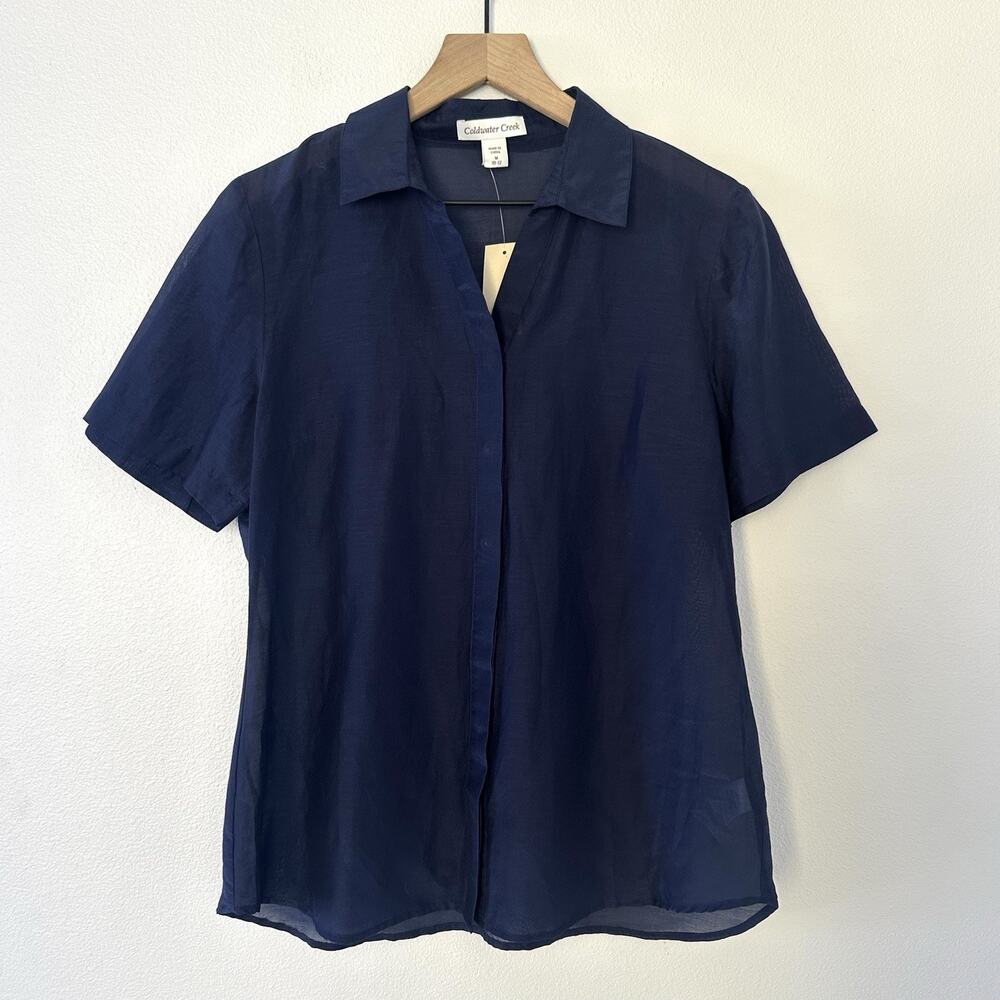 NWT Coldwater Creek Cotton Silk Camp Shirt M Navy Blue Sheer Coastal Fisherman